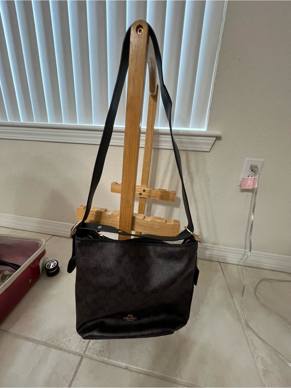 Coach Dark Brown Signature Canvas Messenger Bag with Black Strap